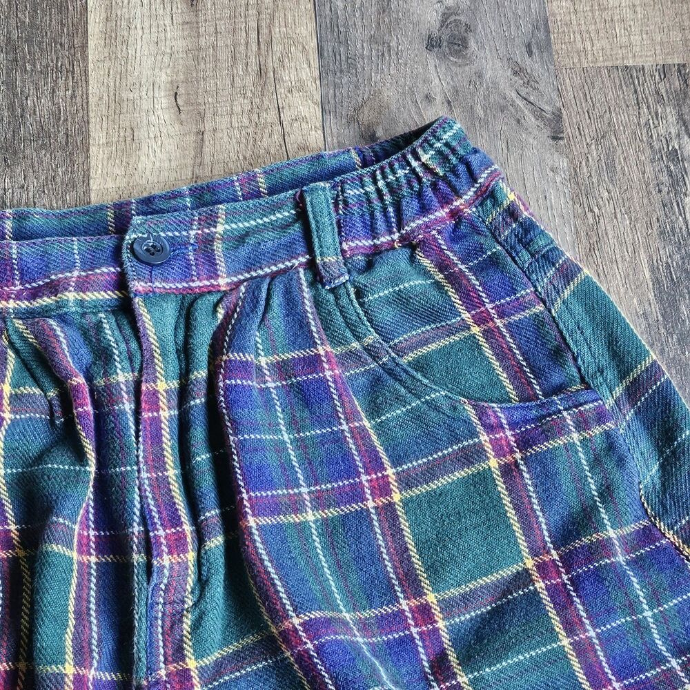 Vintage 90s Plaid High Waisted Bermuda Shorts Green Purple Cotton Kids M 8 - Picture 2 of 8